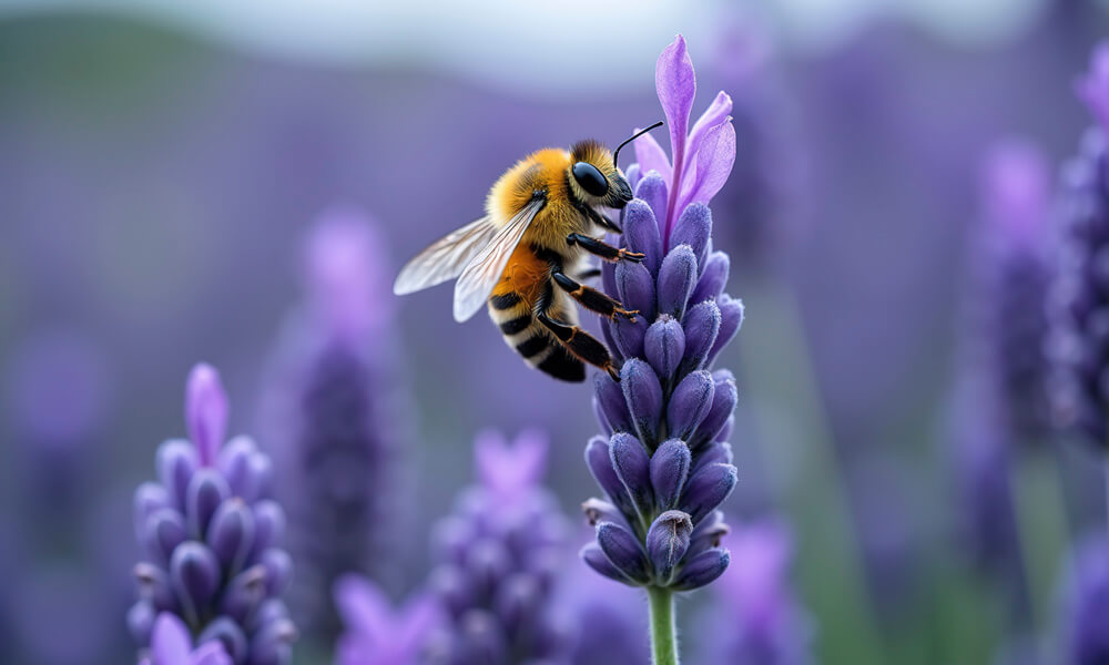 Bee pollinating purple lavender flowers in a field