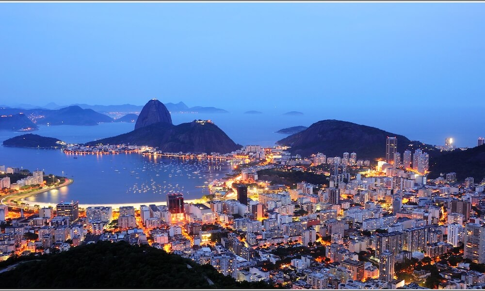 Rio de Janeiro, Brazil, Guanabara Bay at dusk.
