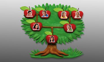 Family (apple) tree diagram made from clay with photos of Vietnamese family