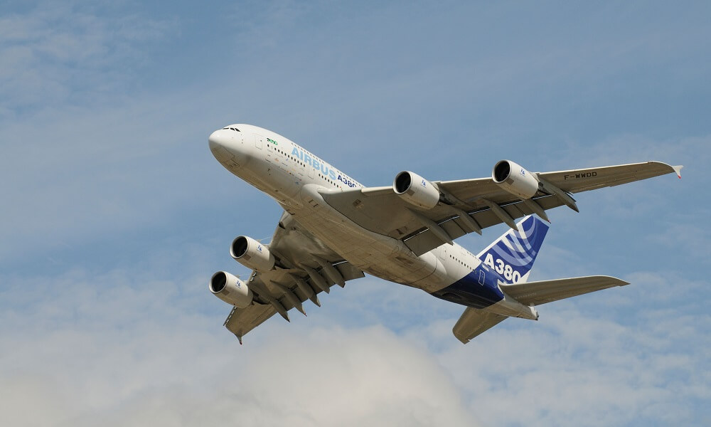 A380 Airbus a four engine double deck passenger aircraft in flight.