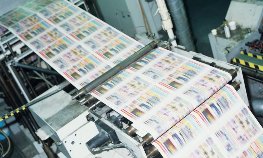 4 colour thermal ink web press in factory, elevated view