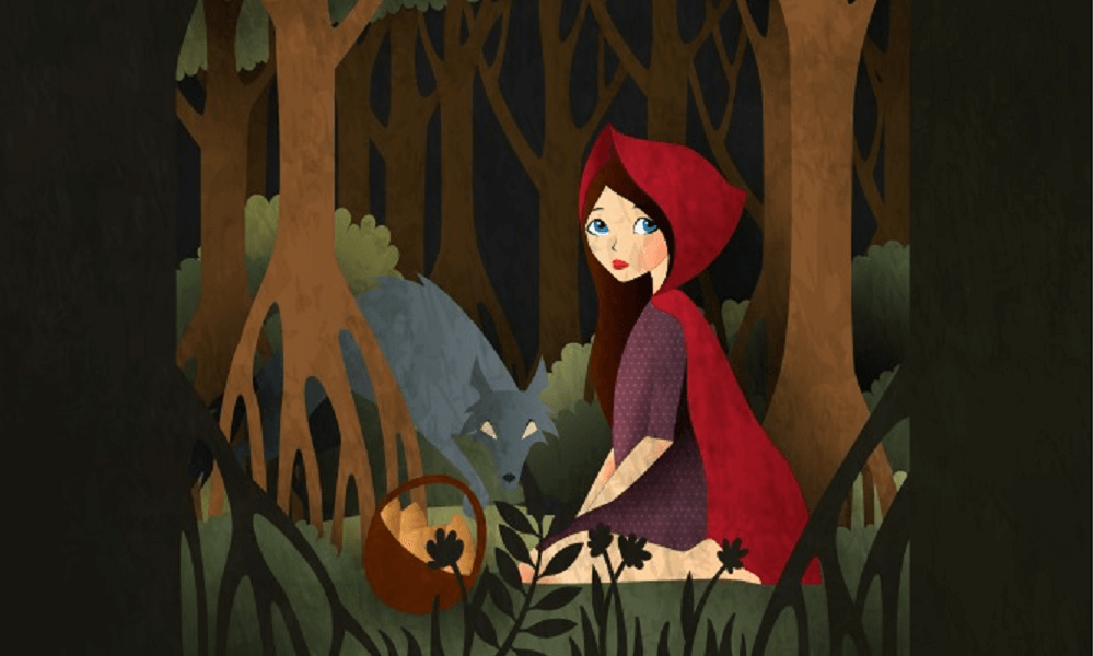 Little Red Riding Hood and wolf in front of forest fairy tale illustration