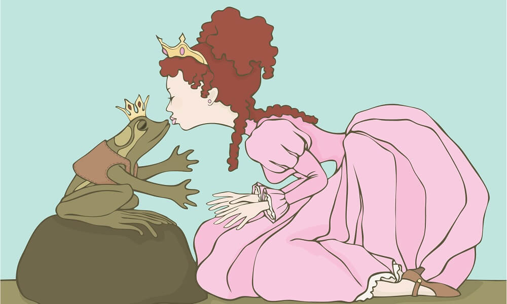 Fairytale frog and princess about to kiss