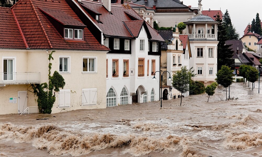 Floods and flooding the streets in Steyr, Austria