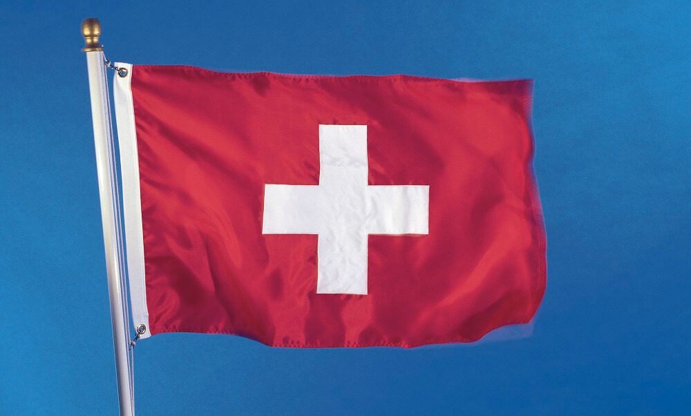 National flag of the Swiss Confederation on flagpole, waving
