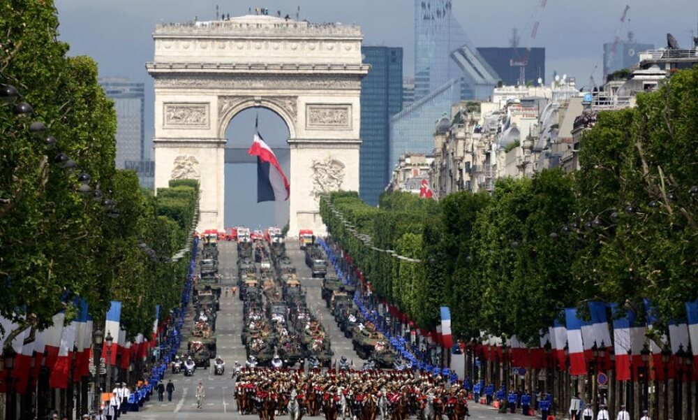 French Republican Guard descend the Champs Elysees during the traditional Bastille Day military parade in Paris