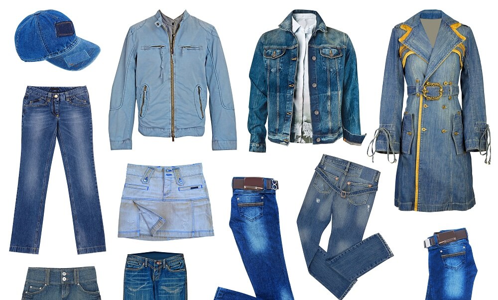 Clothing made of denim, hats, skirts, pants, jeans