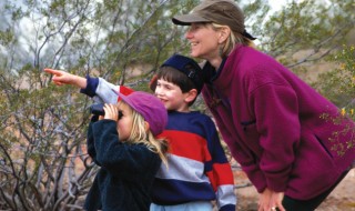 A girl looks through binoculars while her brother points out something to their mother.