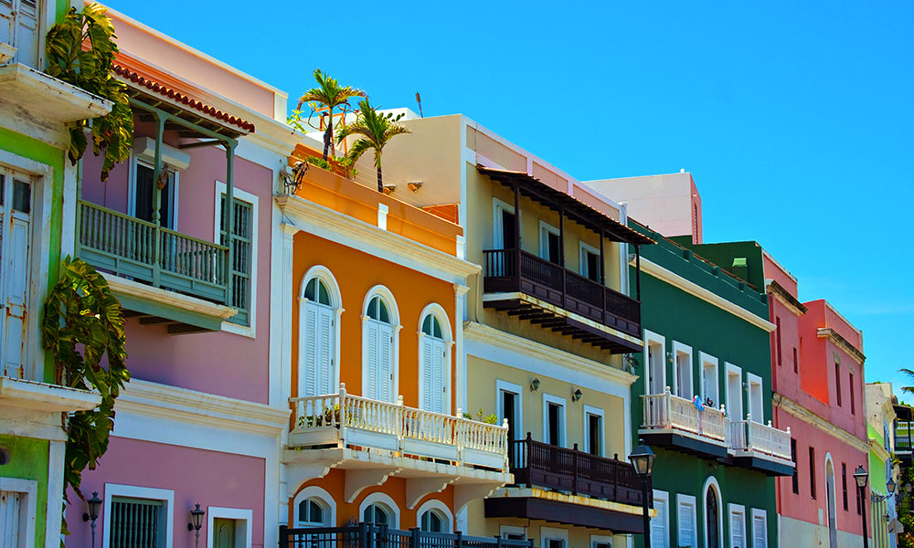 Row of colorful pastel painted buildings in Old San Juan, Puerto Rico
