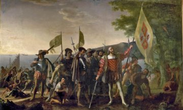 Painting of Christopher Columbus landing in the West Indies, on an island that the natives called Guanahani and he named San Salvador, on October 12, 1492.