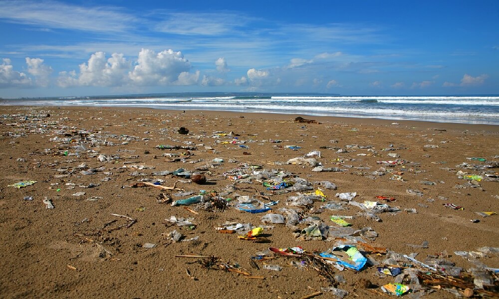 Trash, litter on beach with blue sky