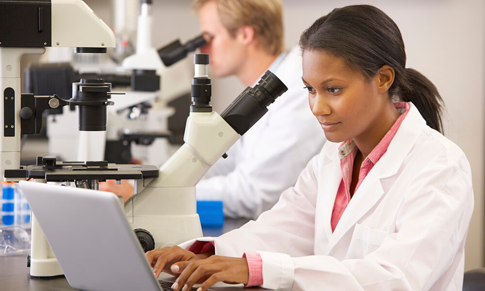 Male and female scientists using microscopes in laboratory