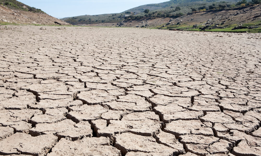 The cracked mud of a dried up river bed shows the effect of a drought.