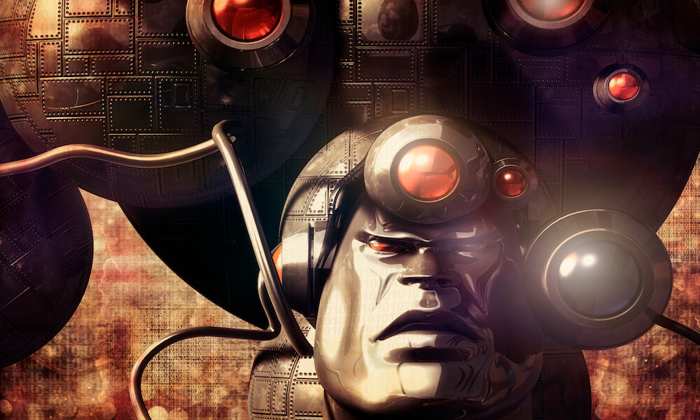 Un cyborg metálico con ojos rojos en un escenario futurístico