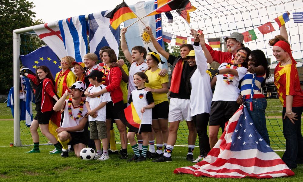 world cup soccer fans with flags from several countries