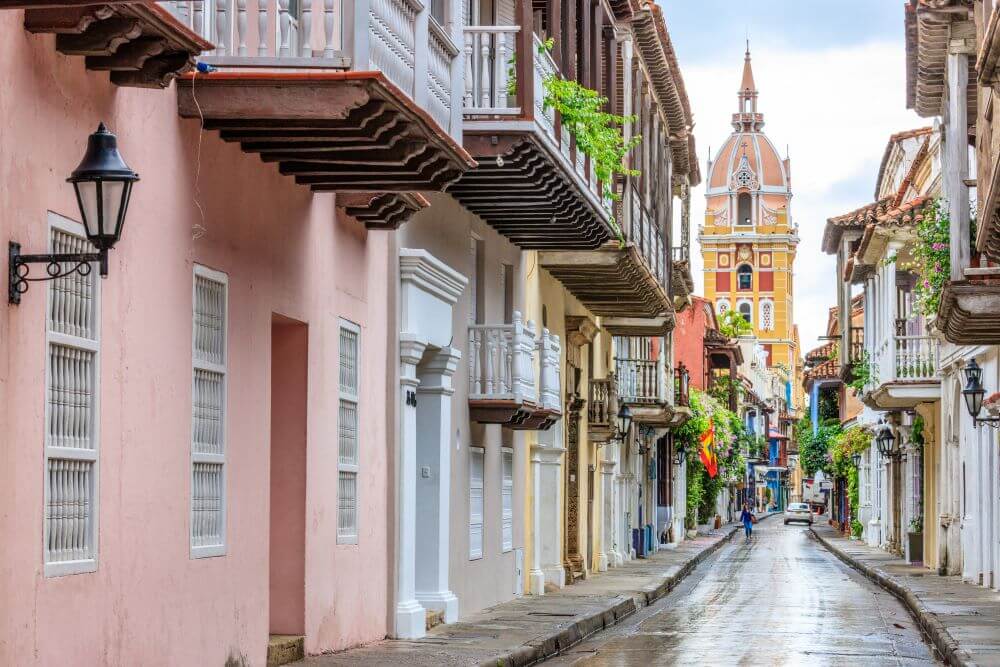 A colorful street view in historic Cartagena
